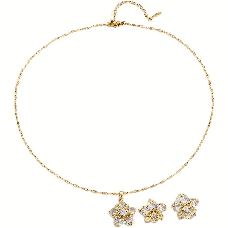 Elegant Flower Shape Inlaid White Zircon Earrings & Necklace Jewelry Set in Luxurious 18K Gold *** limited edition ***