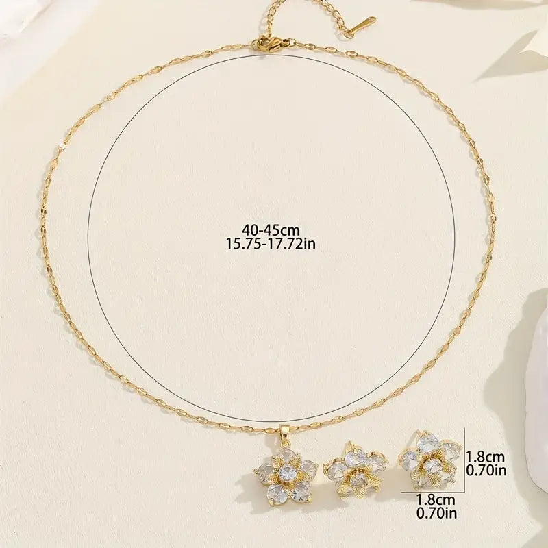 Elegant Flower Shape Inlaid White Zircon Earrings & Necklace Jewelry Set in Luxurious 18K Gold *** limited edition ***