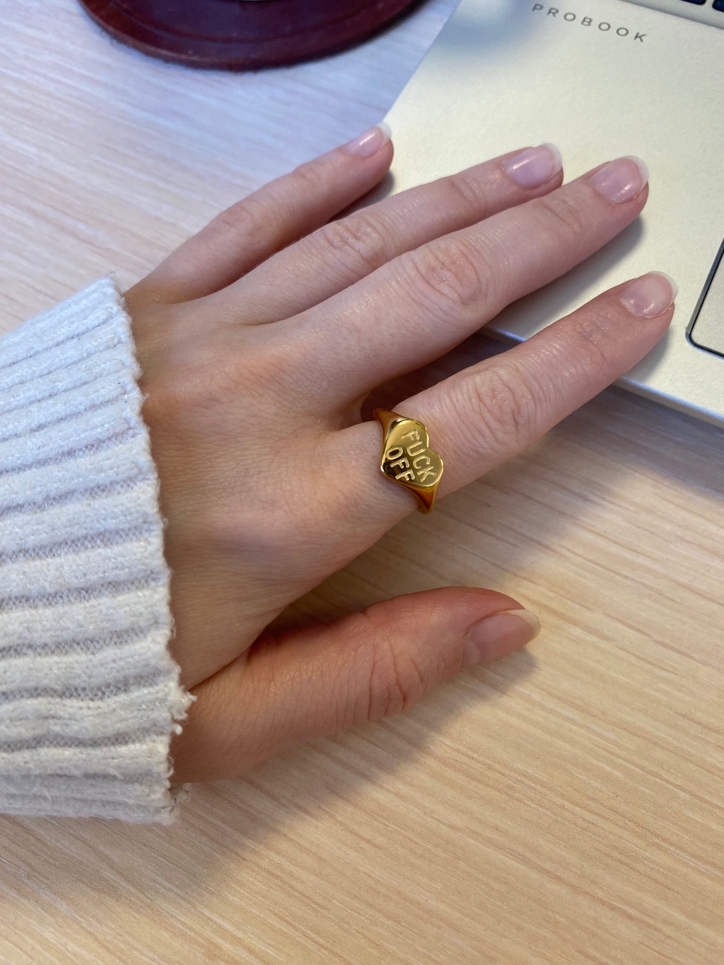 Make a Bold Statement with our 18K Gold Tarnish-Proof Heart "F* Off" Ring - Embrace Unapologetic Attitude and Timeless Elegance**